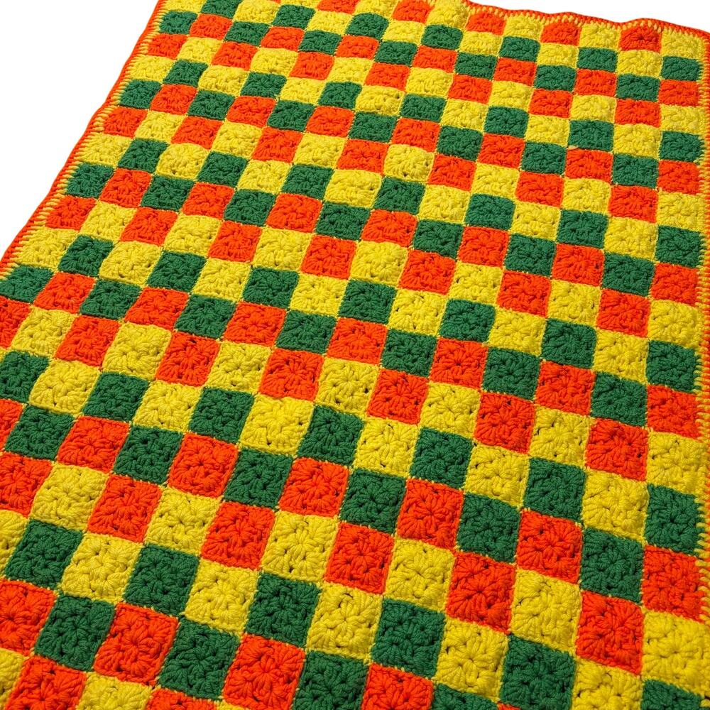 Vintage MidCentury Crochet Throw Blanket Granny Square Green Orange Yellow - Picture 3 of 3